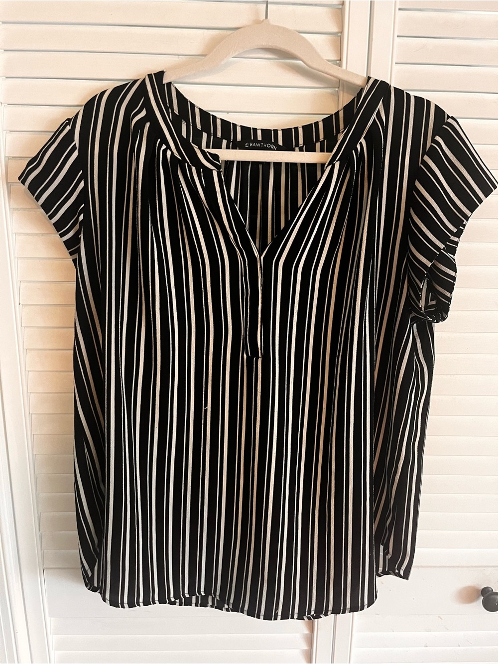 41 Hawthorn Black and White Vertical Stripe V-Neck Flutter Sleeve uBlouse